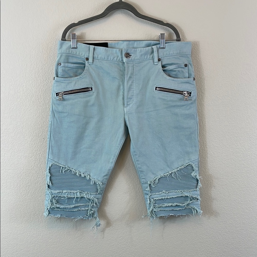 Balmain Blue Slim Fit Jean Shorts with Distressing Size 34